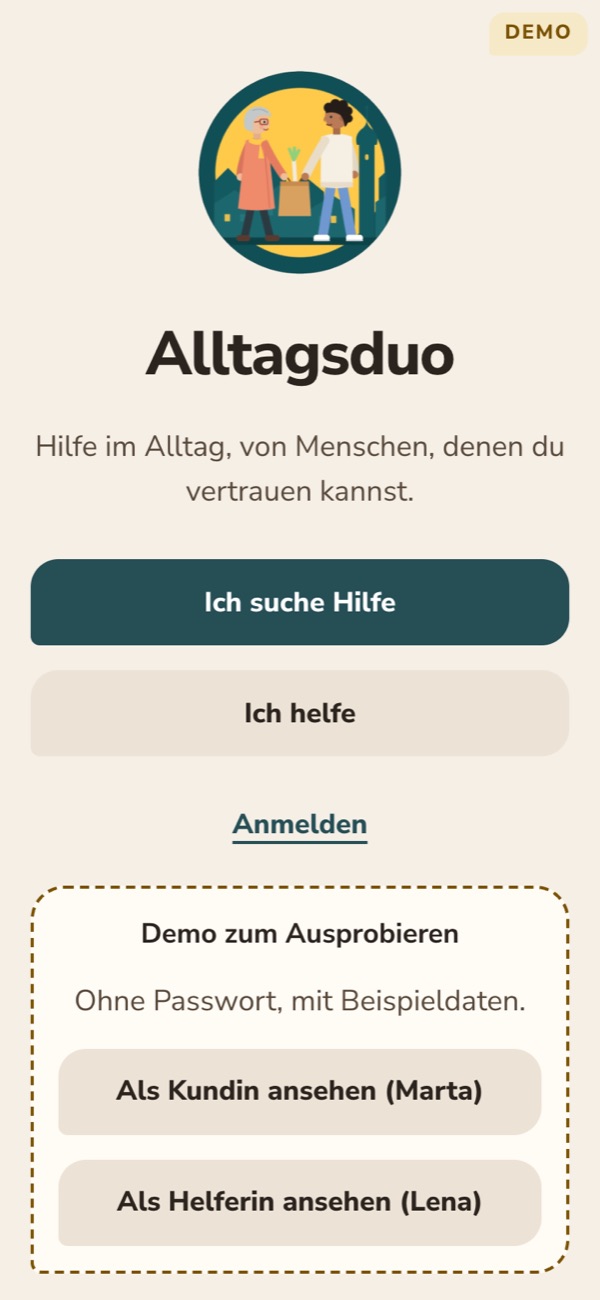 Startbildschirm der App-Demo mit dem Schild Demo: das Logo-Bild mit einer älteren Frau und einem Helfer mit Einkaufstüte, darunter die Knöpfe Ich suche Hilfe und Ich helfe.